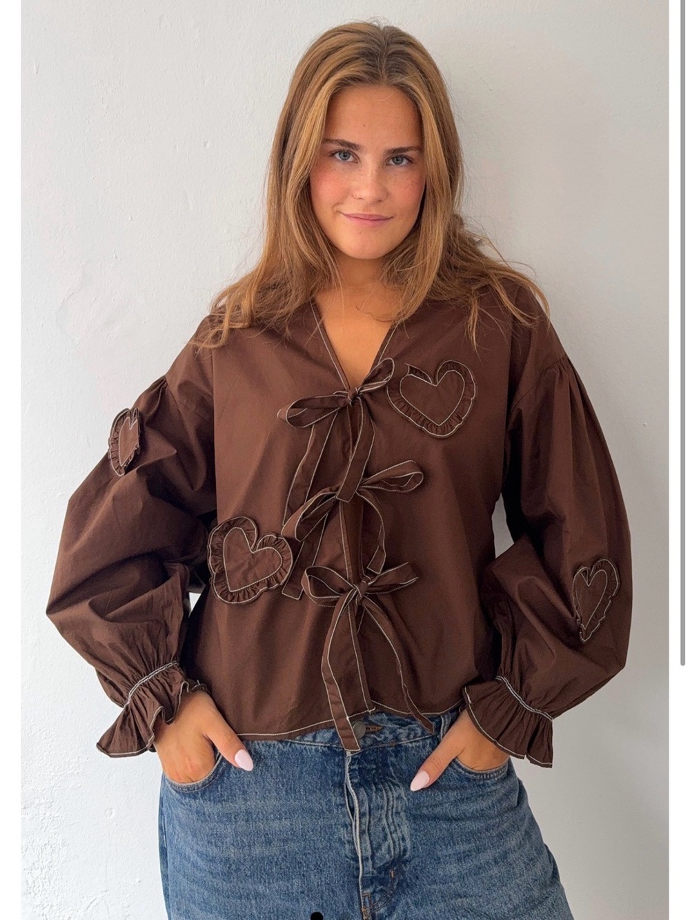 Chocolate Brown Heart-Tie Peasant Blouse